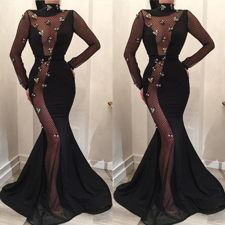 Sexy Long Sleeves Mermaid Prom Dress Tulle Cutaway Sides High Neck Party Gowns 3D Appliques Floor Length Evening Dresses