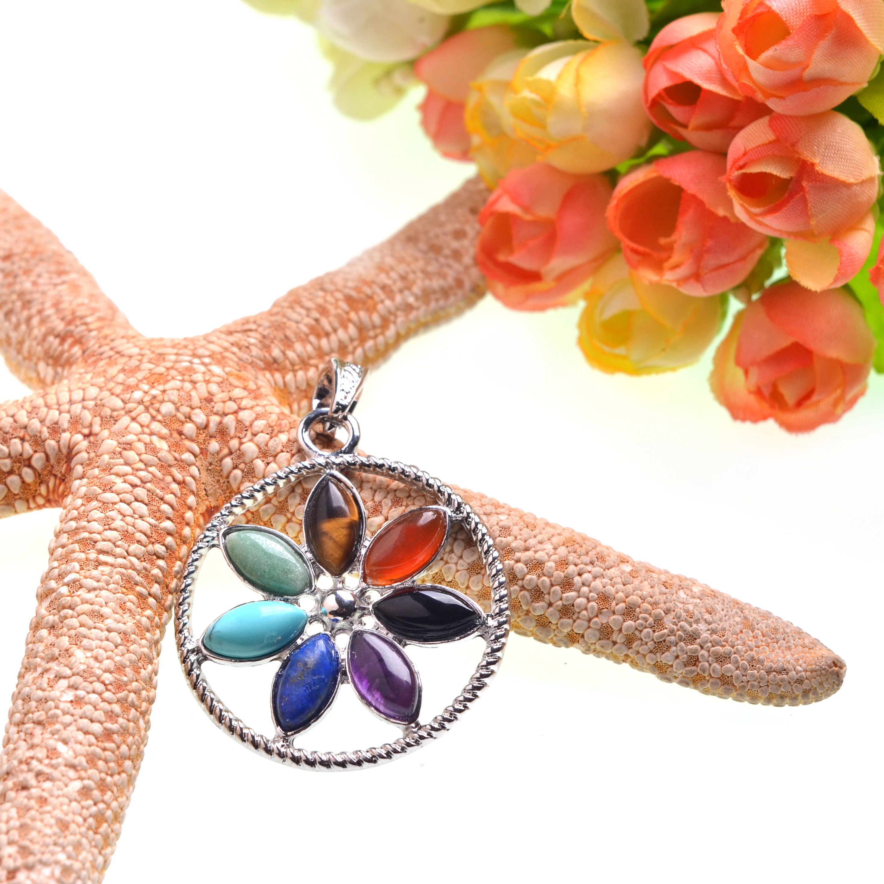 Seven Chakra Pendant Men and Women Gemstone Amethyst Rose Crystal Yoga Treatment Healing Jewelry