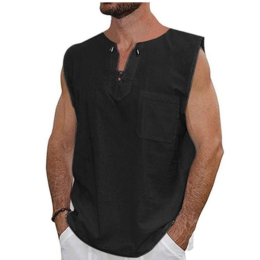 Wholesale-Fashion Men's Summer Slim Casual Multicolor Cotton Linen Short-sleeved Shirt loose Vest Large Open-Forked Male Vest tank top