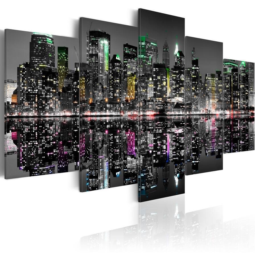 ( No Frame)5PCS/Set Modern Ornament of the Night Building Art Print Frameless Canvas Painting Wall Picture Home Decoration