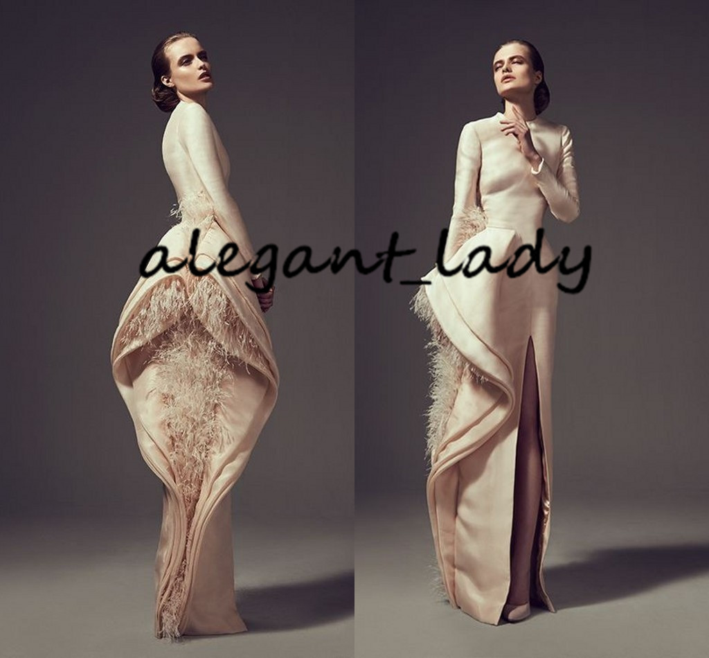 Champagne Stain Feather Evening Formal Dresses Vintage Ashi Studio Long Sleeve Ruffles High Slit Arabic Prom Dress Occasion Wear