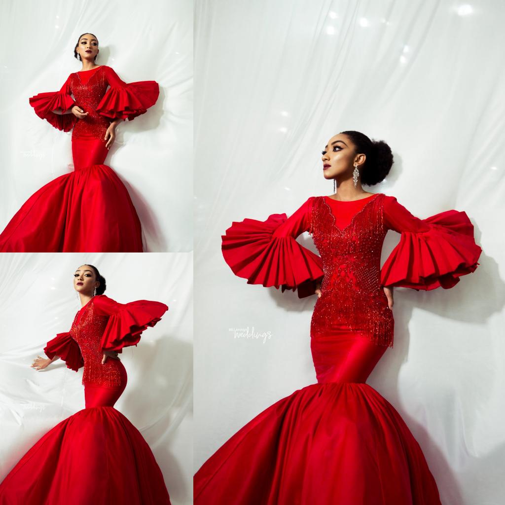Elegant Mermaid Prom Dresses 2020 Puffy Sleeves Red Formal Evening Gowns Beaded Floor Length Pageant Party Dress Plus Size