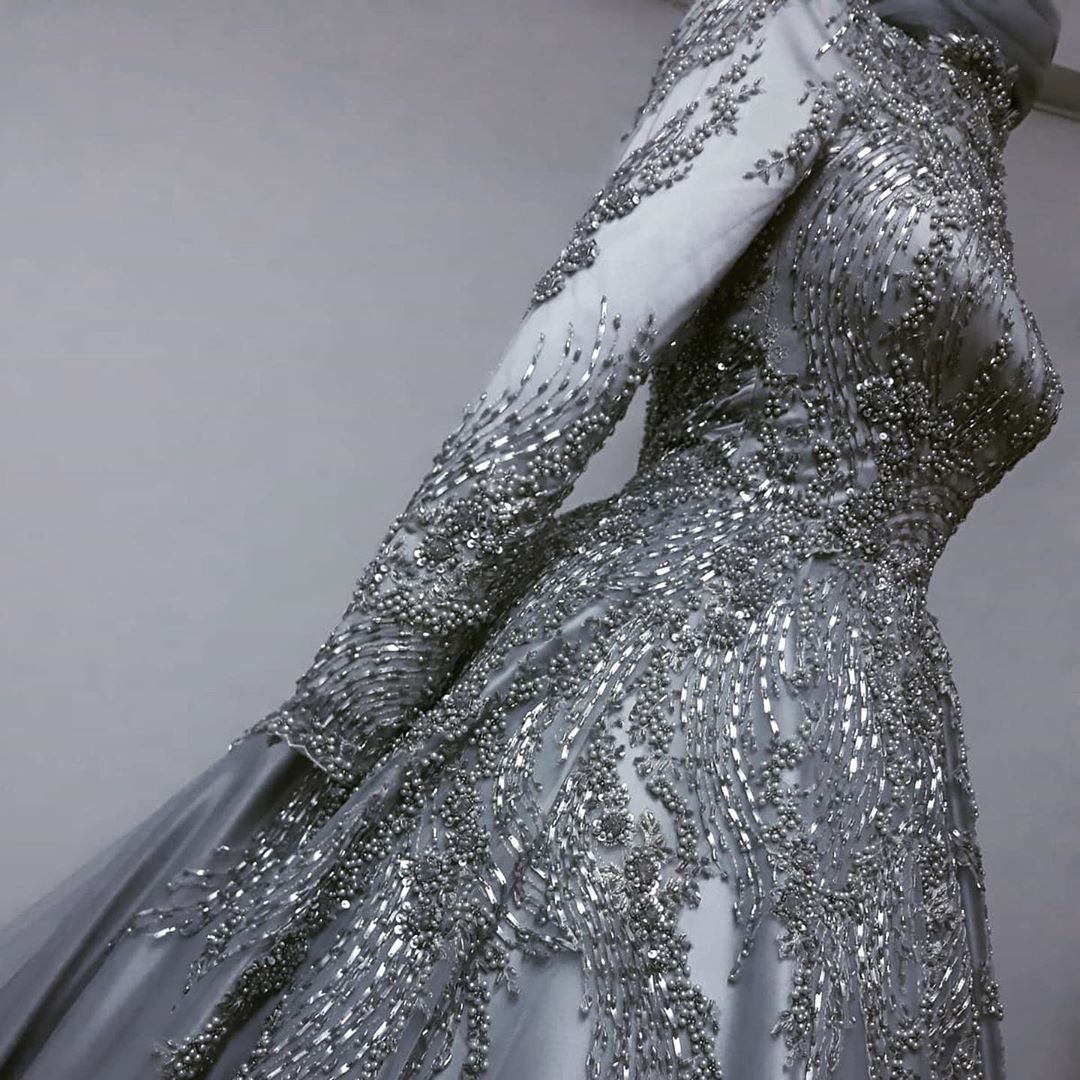 muslim ceremonial wedding attire sophisticated long sleeve lace embellished bridal ensemble in luxe grey color code zj355