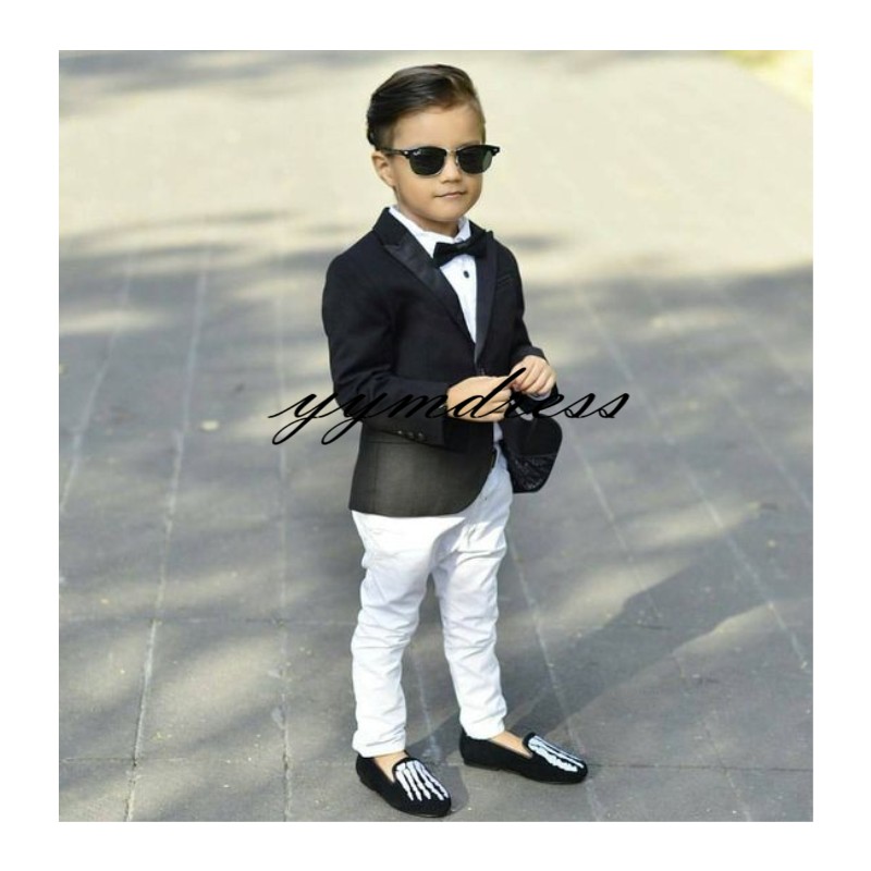 Black Boy's Suits Kids Formal Wear Slim Peaked Lapel One Button Fit Boy's Tuxedo Suit Set (Jacket+Pants+Bow)