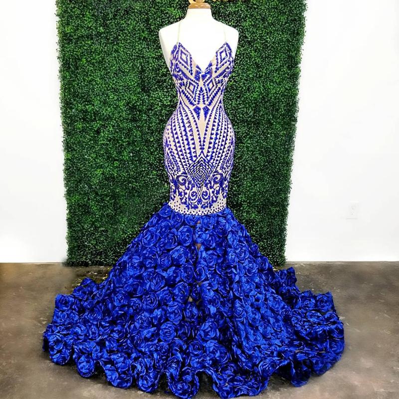 Royal Blue Evening Dresses Spaghetti Rose Flowers Tiered Skirts Mermaid Prom Dress Sweep Train Arabic Robe De Soiree Real Image