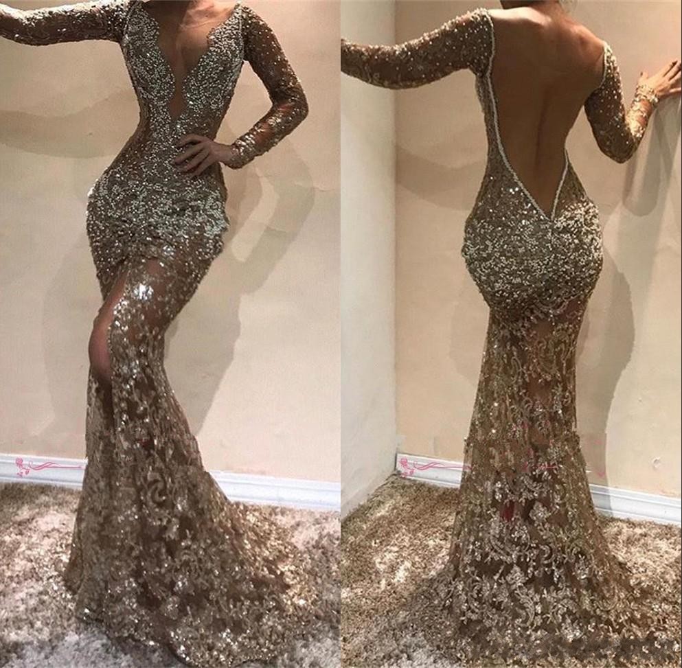 New Sexy Arabic Mermaid Dresses Sheer Neck Long Sleeves Lace Crystal Beaded Sequined Side Split Sweep Train Formal Prom Evening Gowns