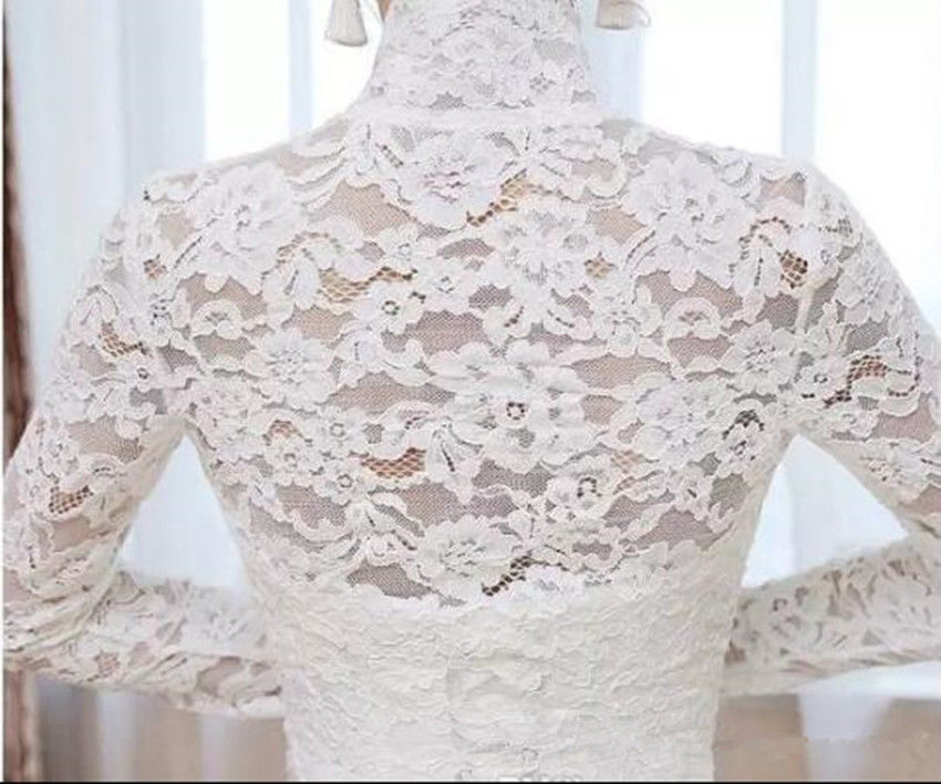 Vintage New White/Ivory Wedding Jacket Bridal Boleros Long Sleeve Lace Applique Top High Neck Custom Made Wraps Jackets