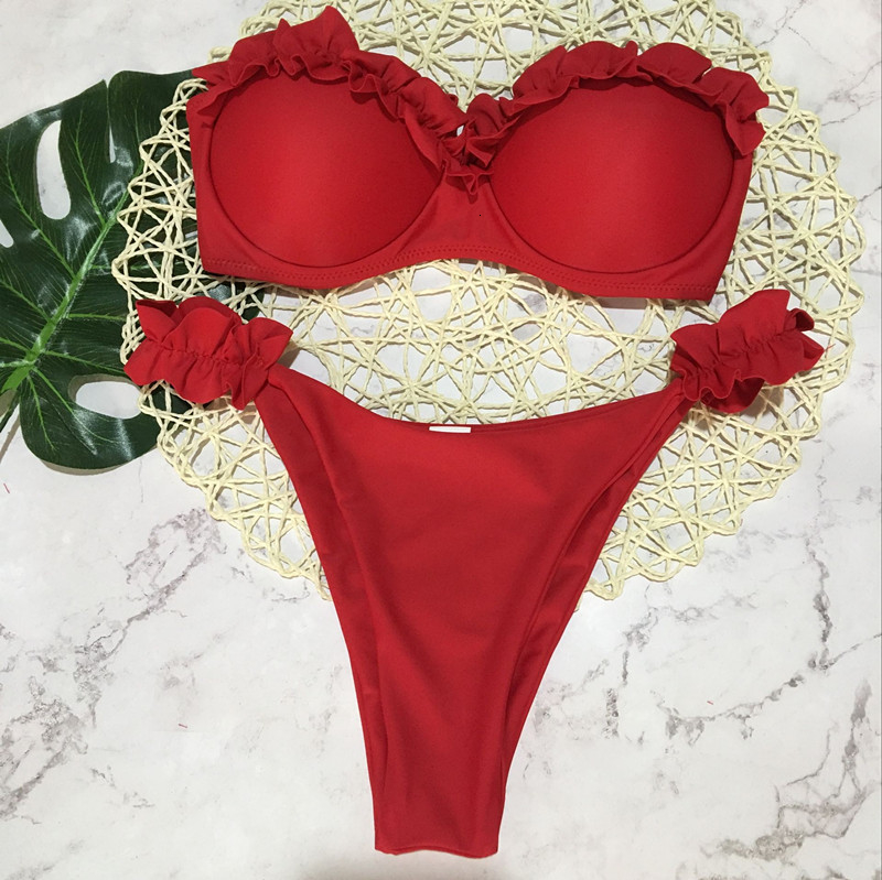 Padded Push Up Bikini Set Underwire Flower Ruffles Swimsuit For Women Sexy Solid Bandeau Female Bathing Suit 2018 Summer Biquini T191008