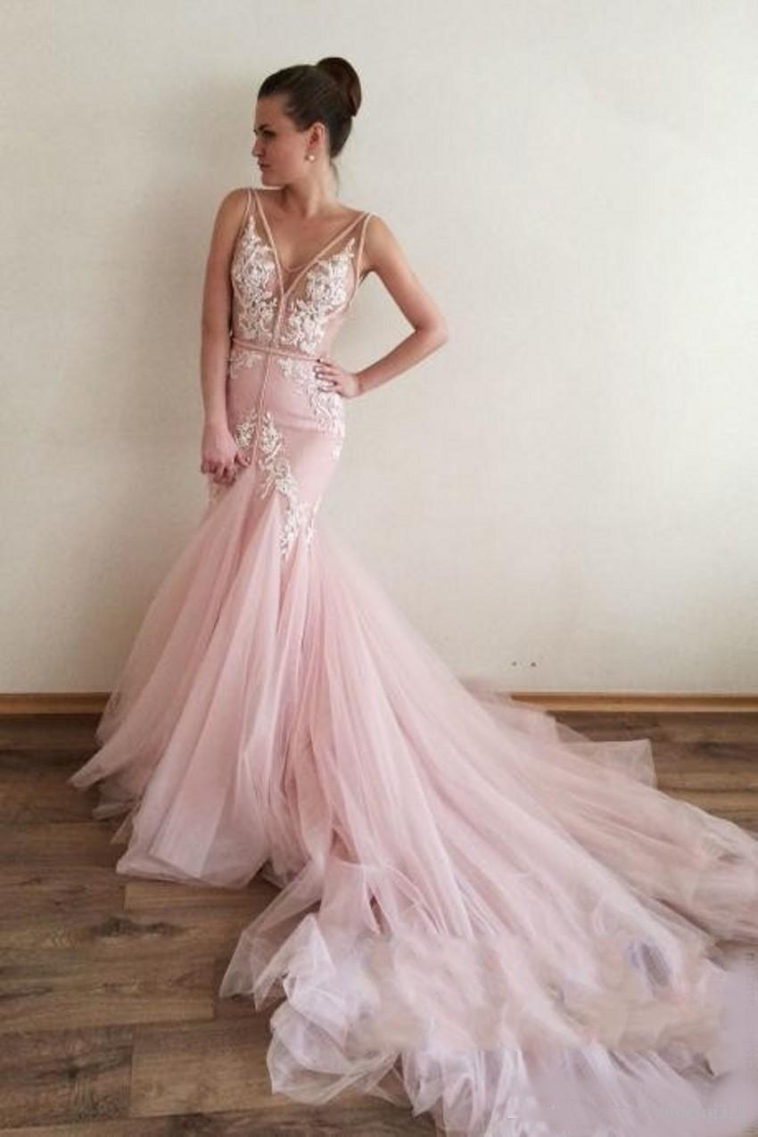 Amazing V-neck Pink Prom Dresses Appliques Court Train Mermaid Evening Dresses Vestidos de Festa Special Occasion Dresses