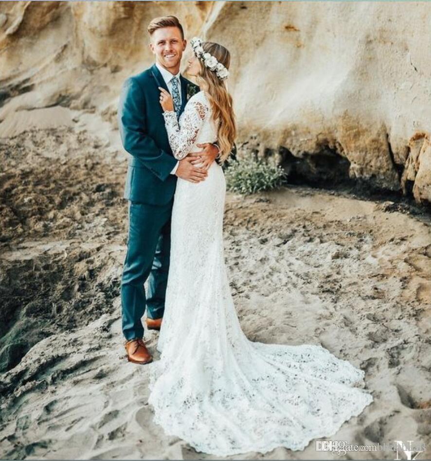 Lace Vintage Full Long Sleeves Boho Bridal Dresses Plus Size Court Train Garden Beach Wedding Dress Gowns For Brides