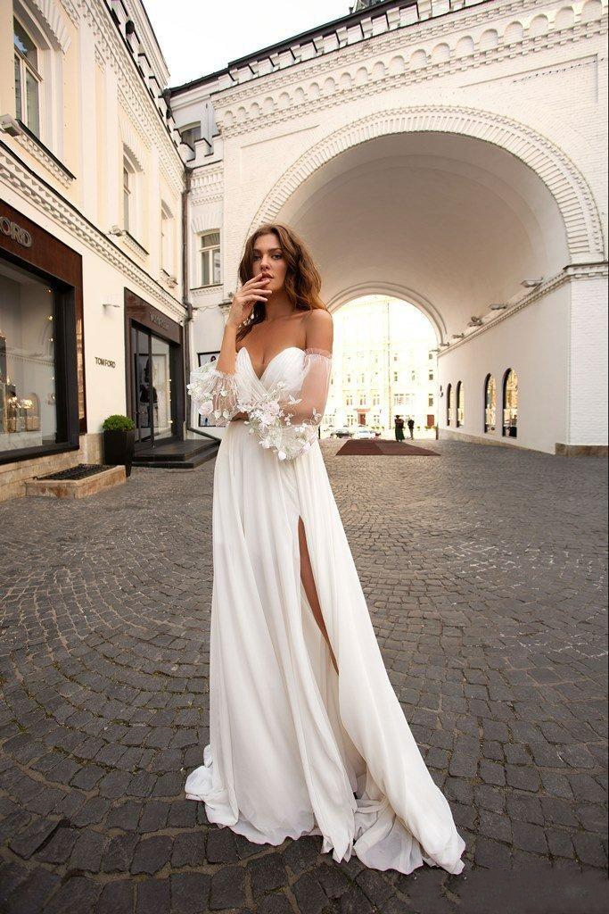 sexy beach sweetheart dresses lace bohemian wedding dress off the shoulder long sleeve side split boho bridal gowns
