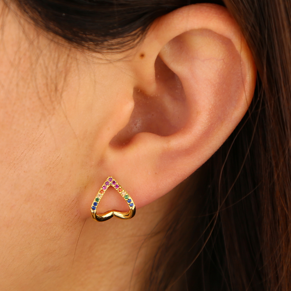 2024 valentine's gift heart stud earring micro pave rainbow colorful cubic zirconia fashion hollow heart design jewelry