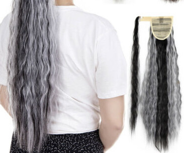 New Wavy/Curly brown grey Wave two tone mixed Ponytail Wrap Ponytail Clip in Hair Extension