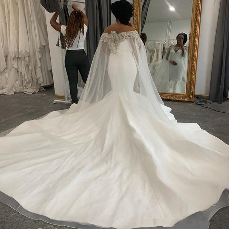 African Plus Size Wedding Dresses With Jacket/Wraps Satin Beading Sequins Mermaid Wedding Dress Back Zipepr long Train vestido de novia