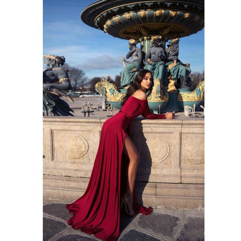 Fashion Burgundy Velvet Prom Dress With Long Sleeves Sexy Off The Shoulder High Side Split Special Occasion Formal Party Dresses Long Gowns