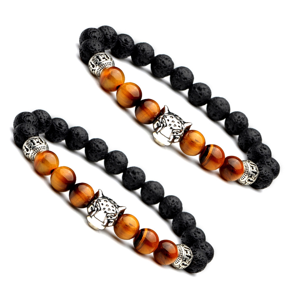 Men's Natural Black Lava Rock Beads Leopard Head Beads Charm Bracelet 8mm