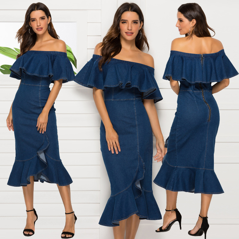 Summer Dress Elegant Off the shoulder Slim Jeans Bodycon Dress Women Sexy Robe Asymmetry Mermaid Design Party Denim Dress, As picture
Summer Dress Elegant Off the shoulder Slim Jeans Bodycon Dress Women Sexy Robe Asymmetry Mermaid Design Party Denim Dress, As picture