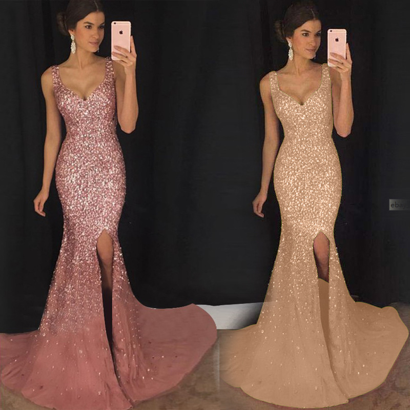 Full Sequins Reflective Mermaid Blue Prom Dresses Beads Sheer Neck Long Evening Gowns with Split Front Sweep Train Formal Party Dress 2020