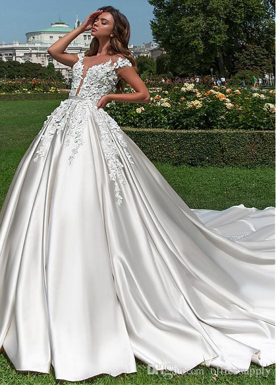 A-line Elegant Lace Dresses Cap Sleeves Appliques Beaded Handmade Flowers Court Train Wedding Dress Bridal Gowns Vestidos De Noiva