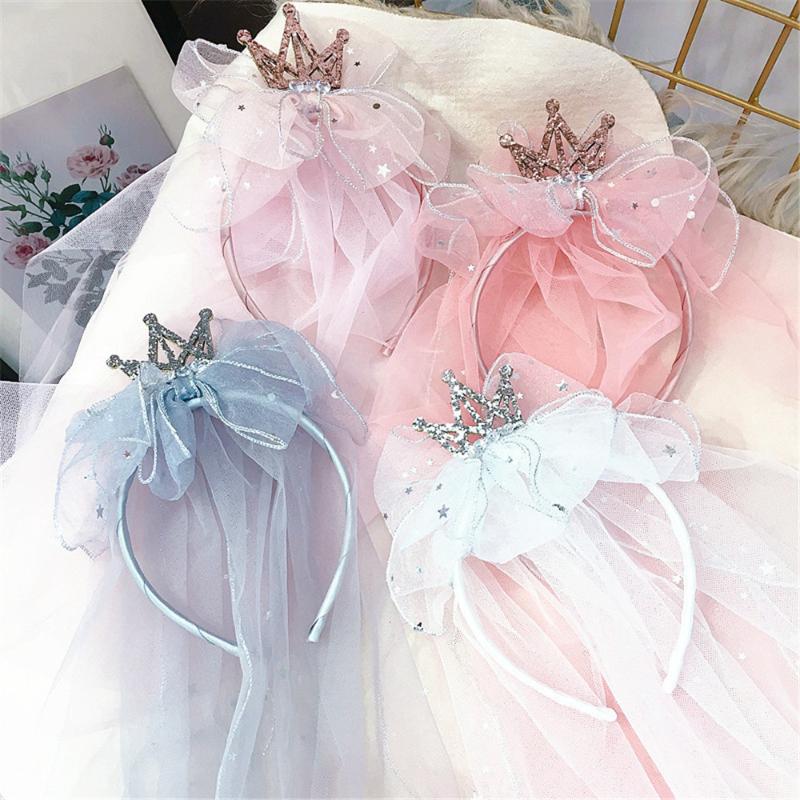 Children Girl Kids Cute Hairbands Headbands Bow Knot Crown Birthday Veil Yarn Princess Fashion Head Wear Accessories-SWD-W19