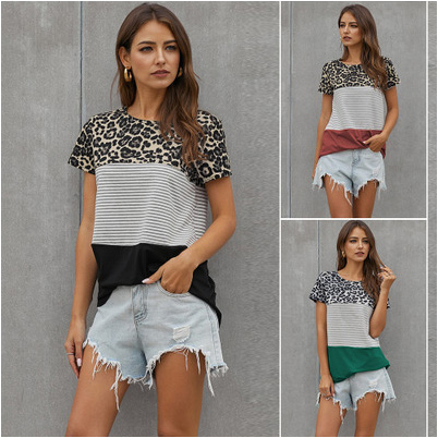 Womens Designer T Shrits Leopard Stripe Short T-shirt Girls Hit Color Round Neck Short Sleeve Plus Size Tops Women Brand Splice T-shirts, Black
Womens Designer T Shrits Leopard Stripe Short T-shirt Girls Hit Color Round Neck Short Sleeve Plus Size Tops Women Brand Splice T-shirts, Black