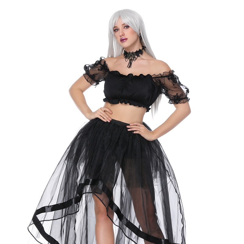 Women 2pcs Dancing Outfit Lolita Rose Floral Lace Mesh Short Sleeves Crop Top with Mesh Floor Hi-lo Skirt Pardy Dress