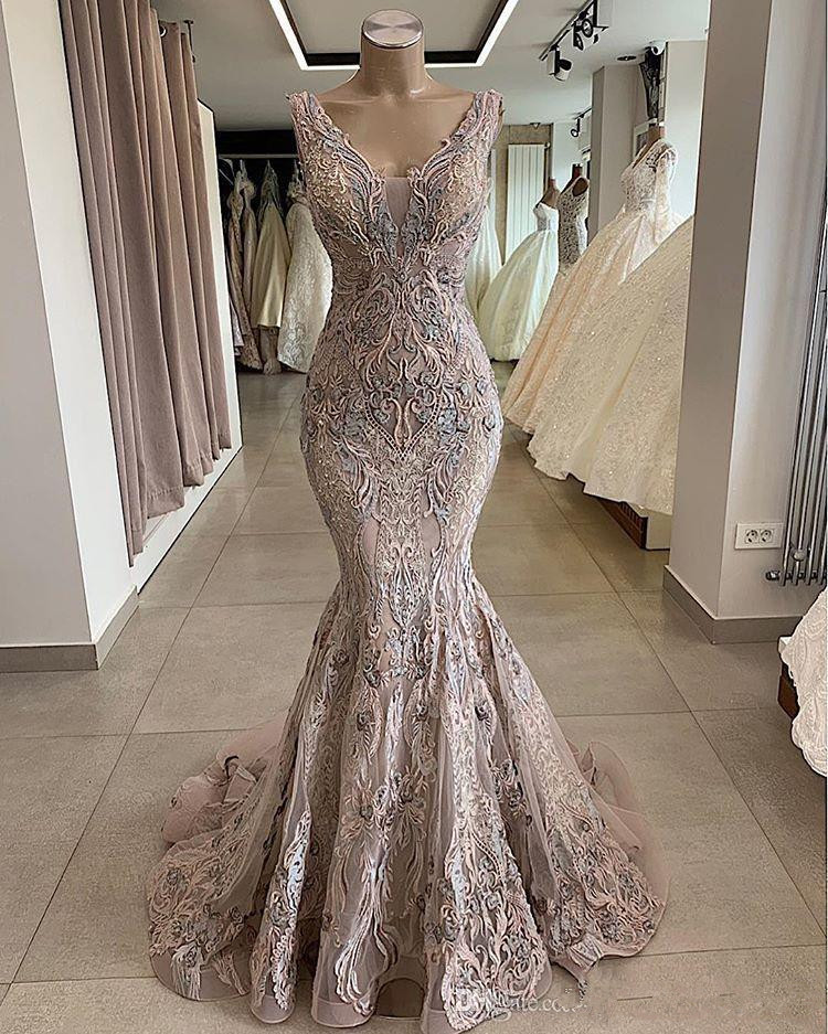 latest lace beaded mermaid dresses deep v neck appliqued backless pageant prom gowns formal party wear