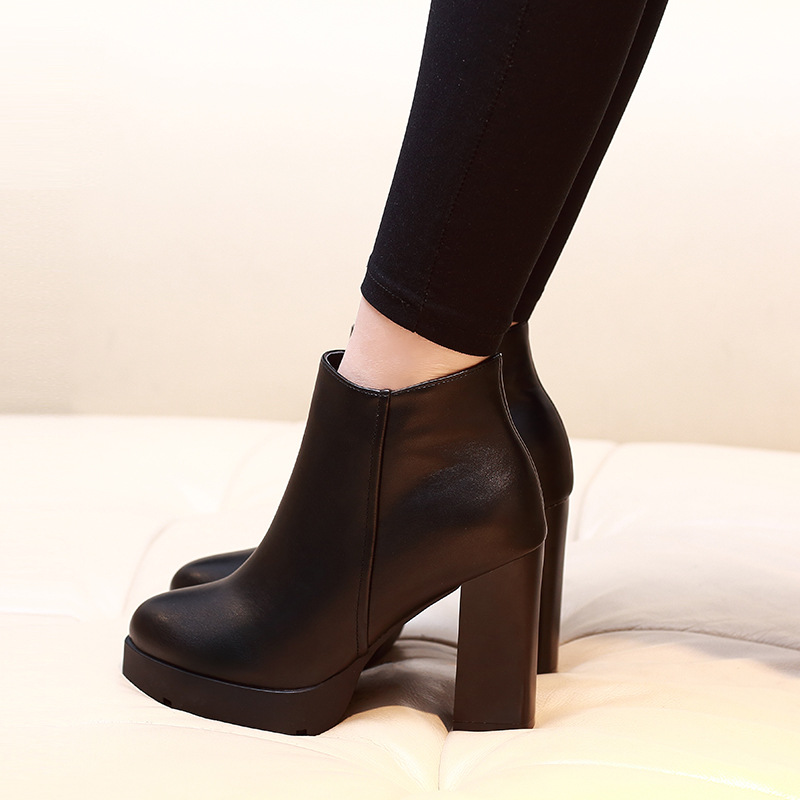 Hot Sale-Autumn Winter Women Ankle Boots High Heels Chunky Heels Platform PU Leather Short Booties Black Ladies Shoes Good Quality