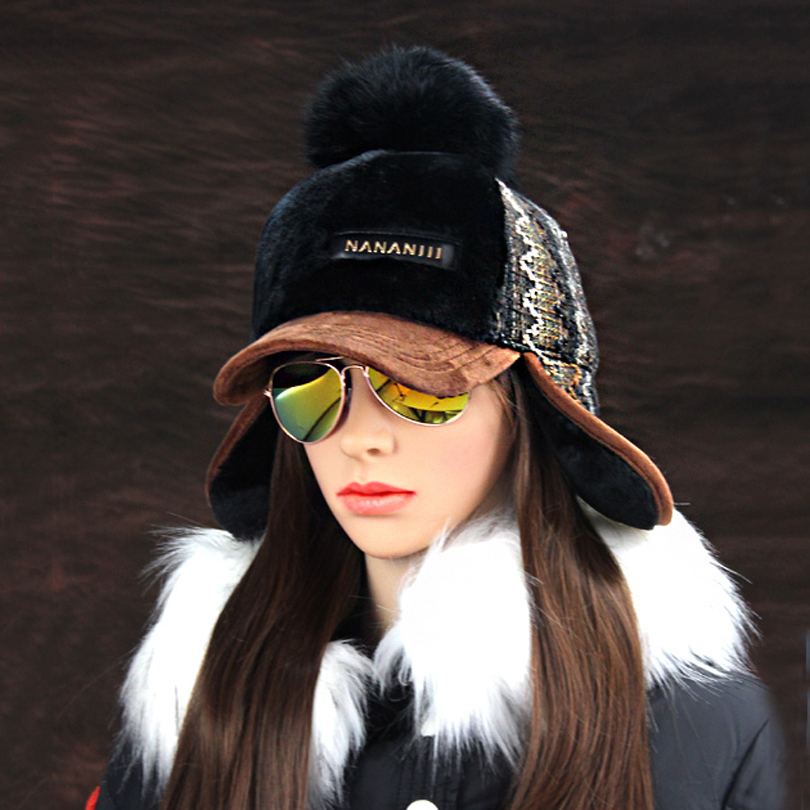 Winter Faux Cashmere Bomber Hat Women Earflap Caps Faux Fur Pompom Snow Hats Adjustable Bohemian Winter Russian Ushanka D19011503