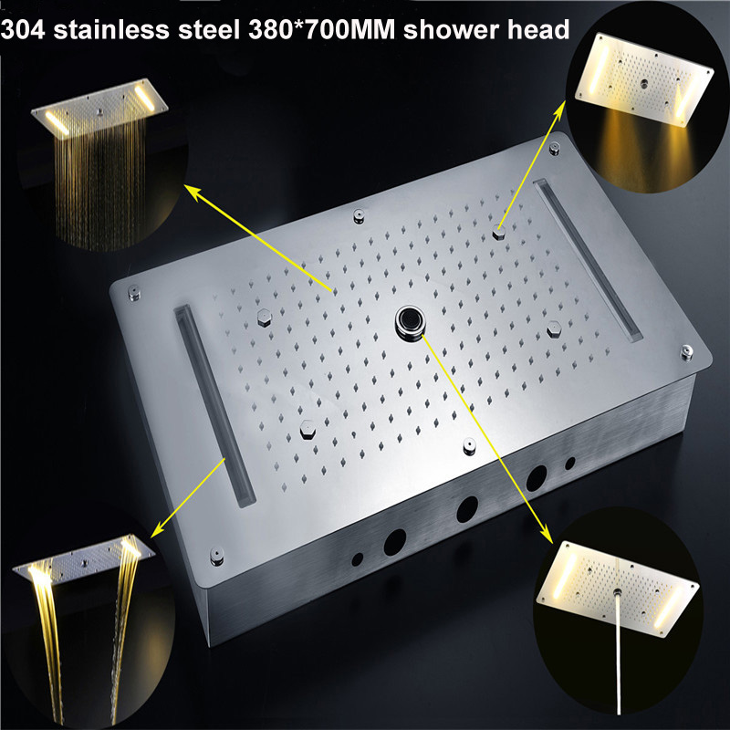 Bathroom LED Shower Set 4 ways Mixer Valve Ceiling ShowerHead Panel Rainfall Waterfall Massage Bath System Faucets 380*700MM