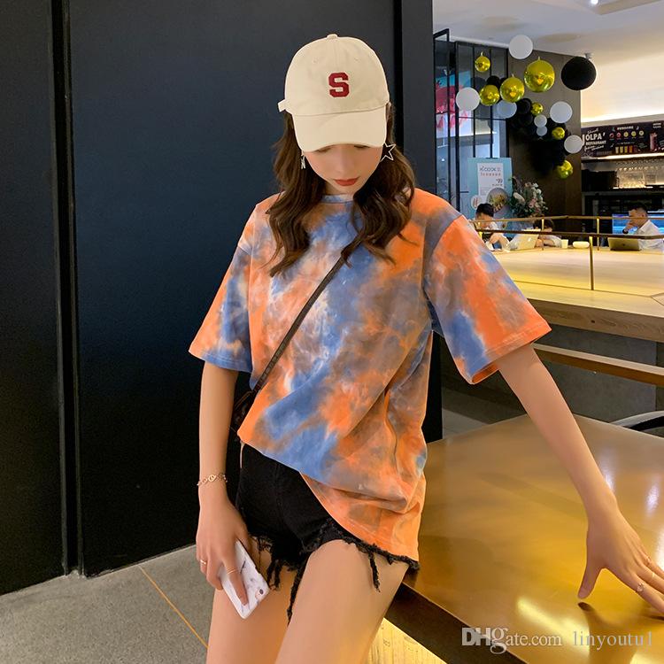 2020 Tie Dye Gradient Large Size Loose OVERSIZE Fashion Harajuku Female Tops Print Hip Hop Short Sleeve Casual Couple T-shirt