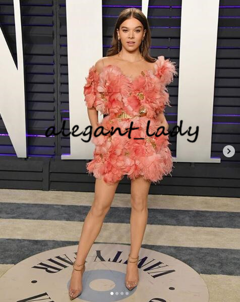 Hailee Steinfeld in Elie Saab Vanity Fair Oscars Party Dress Wear Peach Blush Pink 3D Floral Feather Short Mini Cocktail Prom Dresses