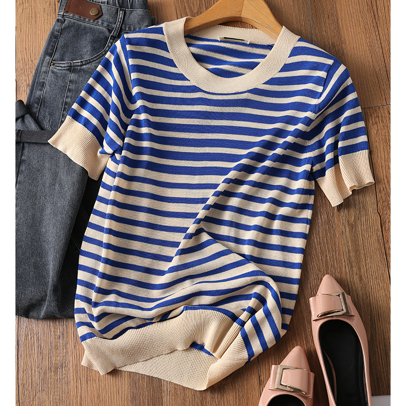New Summer Classic Design Asian Style O-neck Short Sleeve Casual Loose Knitted Sweater Blue Striped Quality Basic Tops
New Summer Classic Design Asian Style O-neck Short Sleeve Casual Loose Knitted Sweater Blue Striped Quality Basic Tops