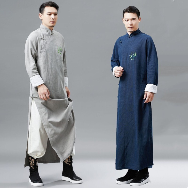 Chinese tang suit for men cheongsam style male gown traditional long vestido cotton linen ethnic clothing embroidered bamboo pattern robe