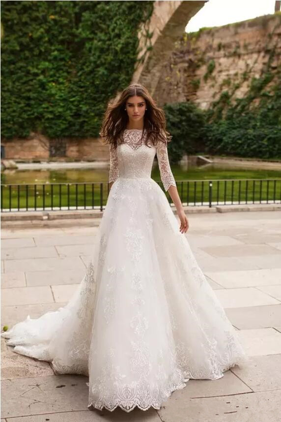 Naviblue Dolly Beach Bateau Neck Appliques Lace Up Back Long Sleeve Bridal Gowns Sweep Train Country A-e Wedding Dresses