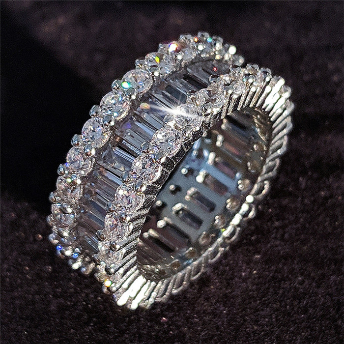 Rulalei Unique Sparkling Deluxe Jewelry Women's Fashion Ring 925 Sterling Silver Full Princess Cut White Topaz CZ Diamond Engagement Ring