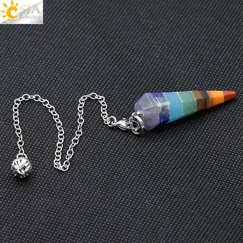 Hot Reiki Charm Pyramid 7 Colors Natural Gem Stone Rainbow Layered Dowsing Healing Point Pendant Chain Pendulum Gifts