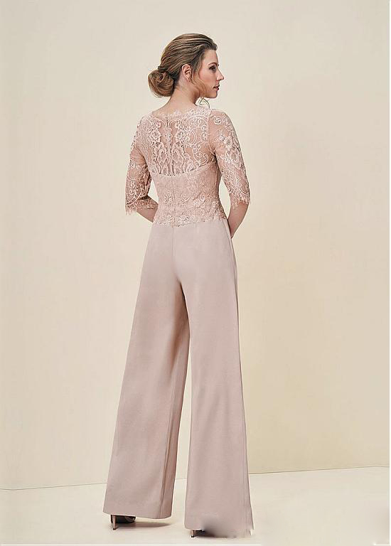Fashion Mother Of The Bride Dresses Jumpsuits Jewel Neck Lace Half Long Sleeve Wedding Guest Dess For Mother Plus Size Evening Gowns