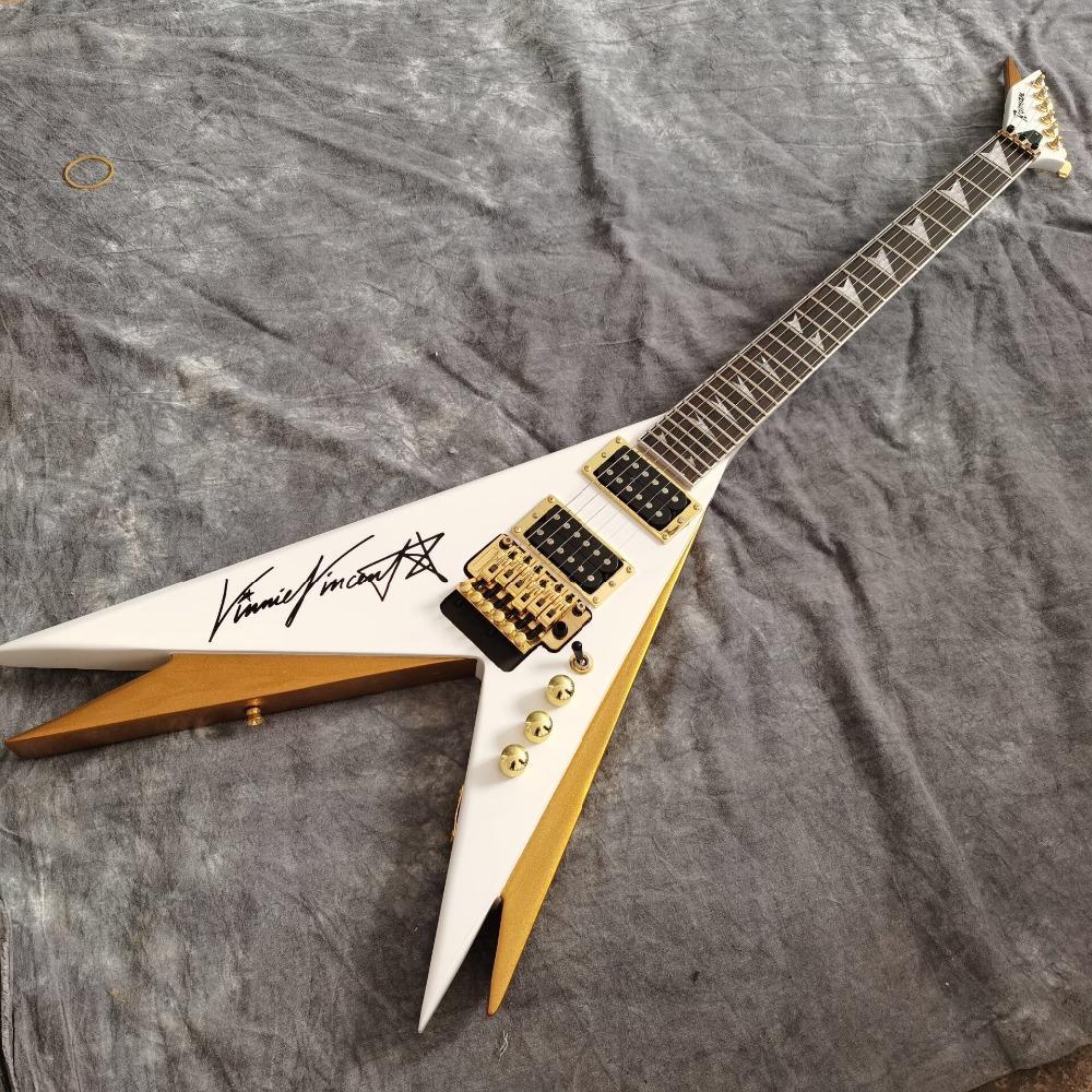 Rare Double V Jack Kiss Vinnie Vincent Pearl White / Gold Flying V Electric Guitar Floyd Rose Tremolo Tailpiece, Locking Nut, Gold Hardware
Rare Double V Jack Kiss Vinnie Vincent Pearl White / Gold Flying V Electric Guitar Floyd Rose Tremolo Tailpiece, Locking Nut, Gold Hardware
