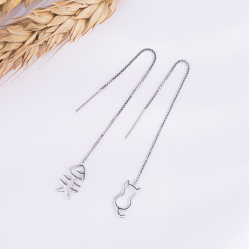 Cat and fish bone long chain earrings earrings two sterling silver Valentine's Day gift ladies