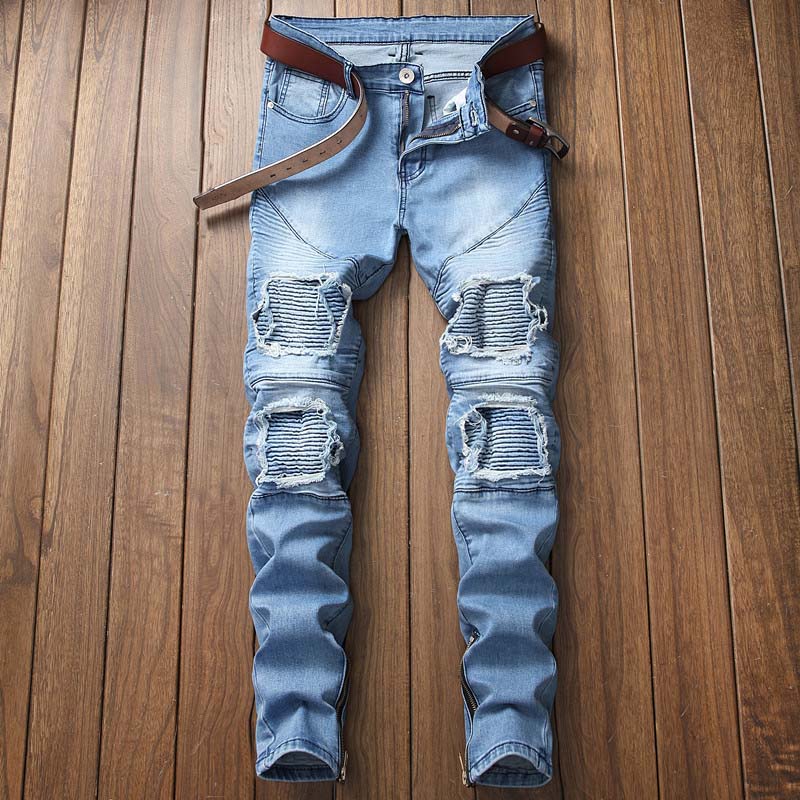 Men Hip Hop Jeans Updated Distressed Biker Casual Ripped Denim Knee Holes Side Zipper Washed Destroyed Jeans Free Shipping