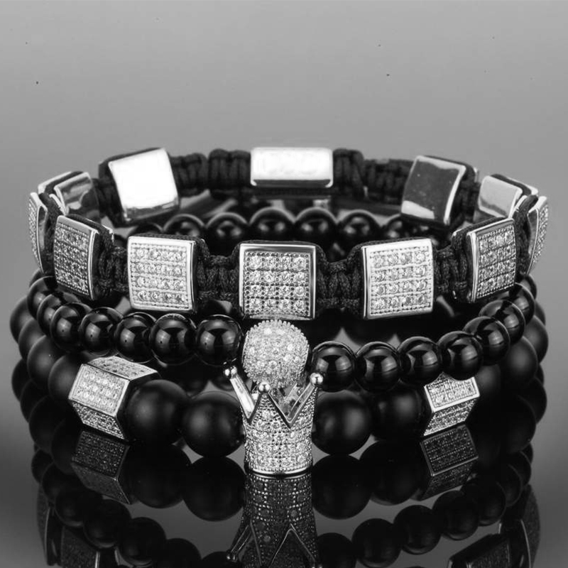 3pcs/set natural stone beads men bracelet set CZ crown charms & bangles Jewelry for women ball zirconia bracelets femme Gift, holiday, valentine'