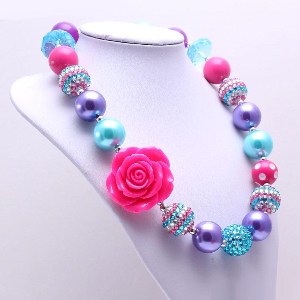 Teal+Hot Pink Kid Chunky Necklace Bracelet Set Big Rose Flower Children Girl Toddler Bubblegum Chunky Bead Necklace Jewelry Set