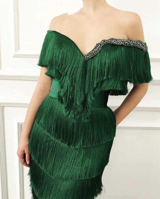 Wavy Emerald Green Tassel Evening Dresses Long Crystal Off the Shoulder Elegant Women arabic Dubai Formal Mermaid Prom Dress Party Wear