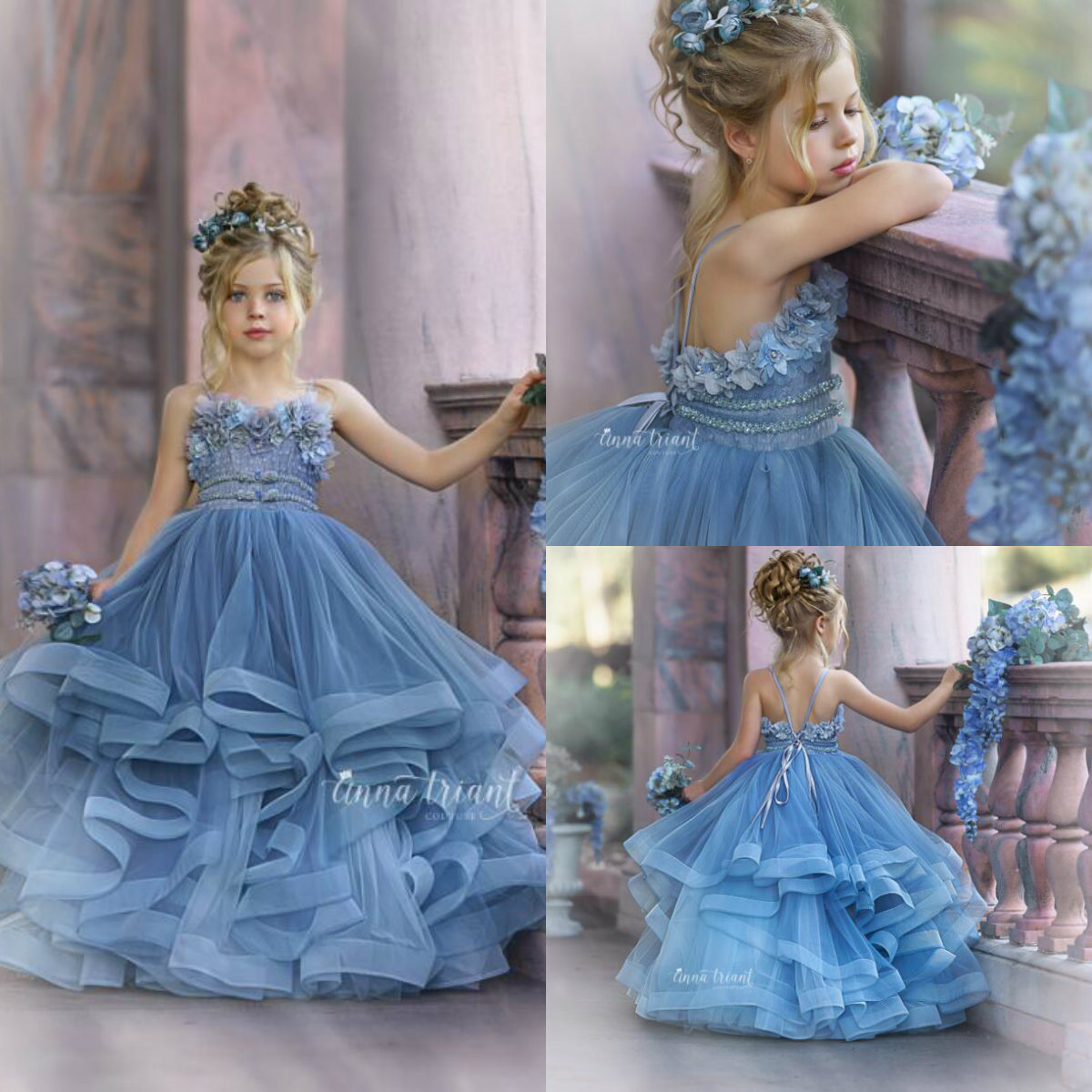 New Princess Flowers Girls Dresses For Wedding Spaghetti Backless Hand Made Flower Ball Gown Kids Pageant Gowns First Holy Communion Dress