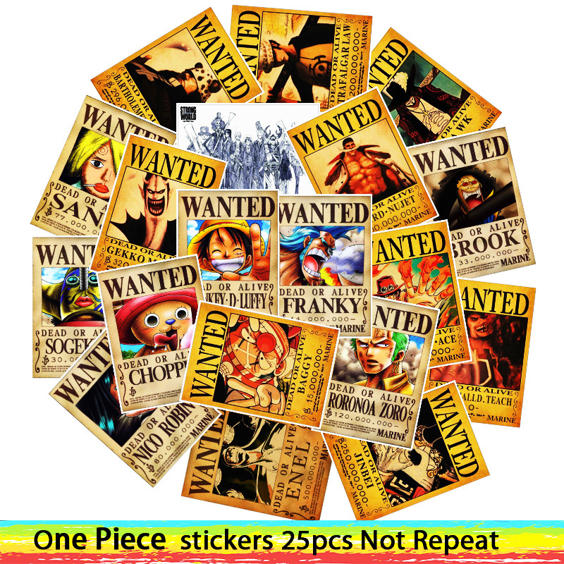 25pcs/Set Car Stickers Cartoon Home Decor Wall Laptop Bike Sticker Retro Wanted One Piece Japanese Anime Kids Room Posters