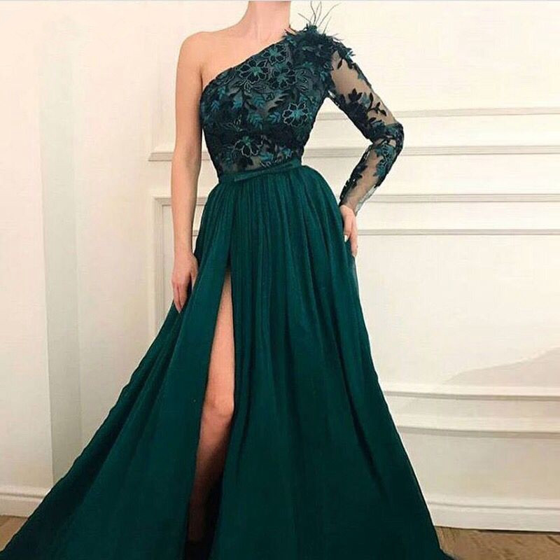 Dark Green One Shoulder High Split A Line Prom Dresses 2020 Long Sleeves Lace Applique Sweep Strain Formal Evening Dress Party Gowns, Silver
Dark Green One Shoulder High Split A Line Prom Dresses 2020 Long Sleeves Lace Applique Sweep Strain Formal Evening Dress Party Gowns, Silver