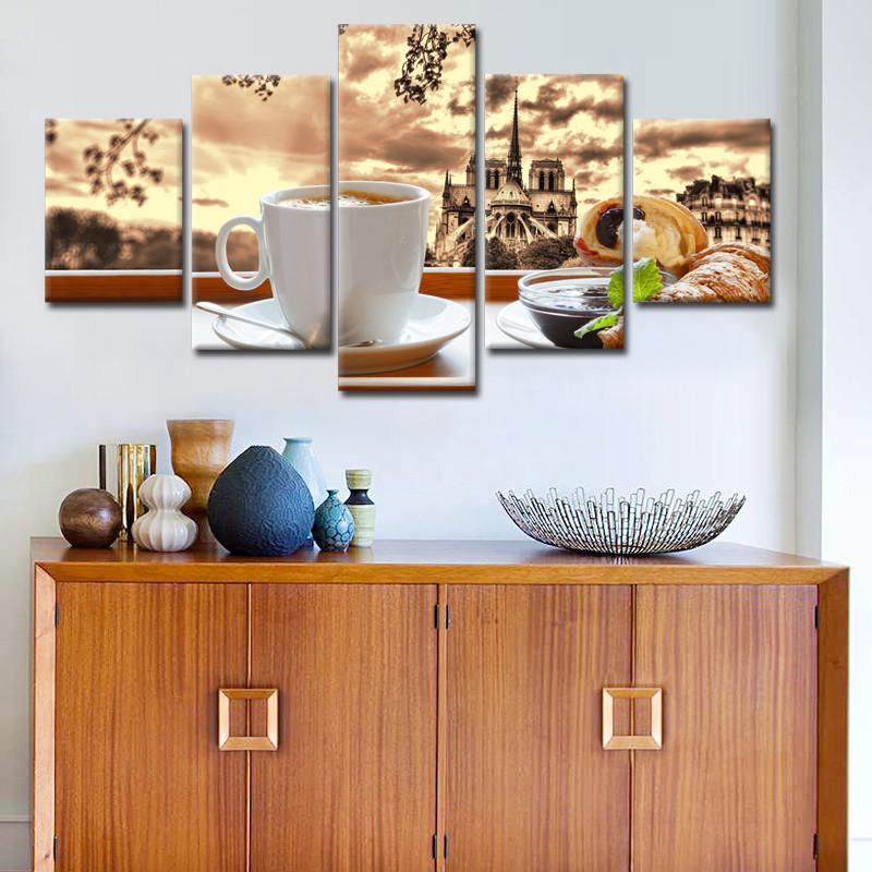 Canvas Posters Wall Art HD Prints Pictures 5 Pieces Coffee Croissant Food Paintings Kitchen & Restaurant Home Decor No Frame