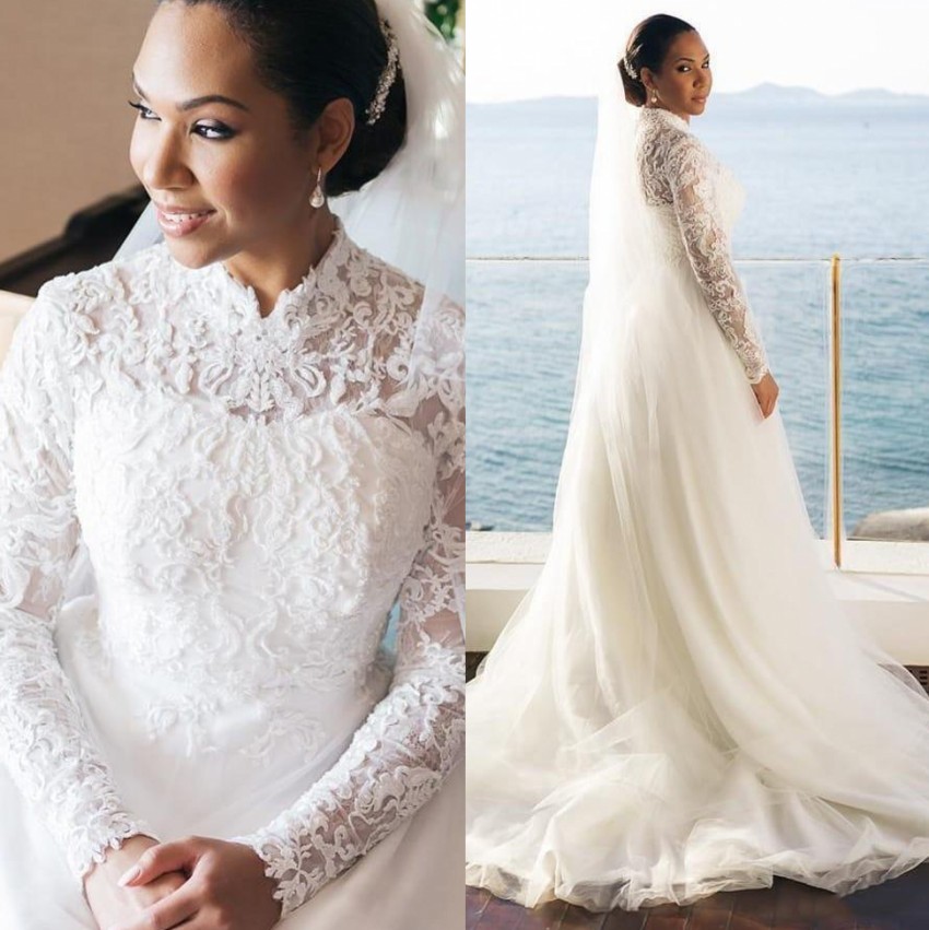 Lace Long Elegant Sleeves Wedding Dresses High Neck Beaded Bridal Gowns A Line Sweep Train Tulle Robe De Marie