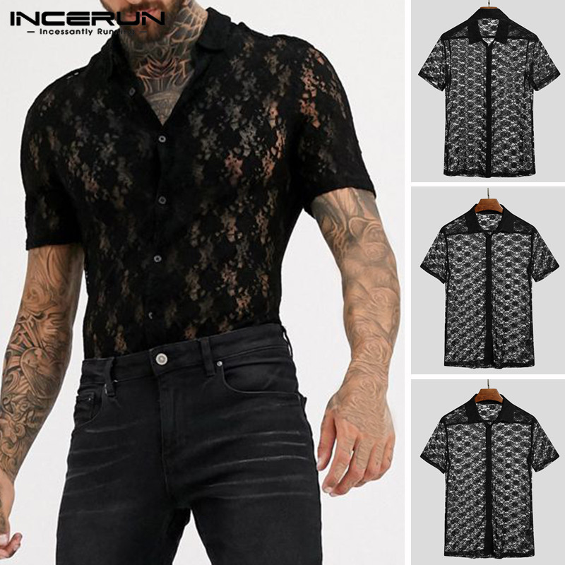 Men Mesh Shirts Short Sleeve Lapel Shirts Black Lace See Through Blouse Man Summer Fitness Tops Party Nightclub Camisa -5XL
Men Mesh Shirts Short Sleeve Lapel Shirts Black Lace See Through Blouse Man Summer Fitness Tops Party Nightclub Camisa -5XL